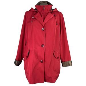 Gallery Rain Coat Women 1X Red Detachable Hood Pockets Stand Collar Fall Liner